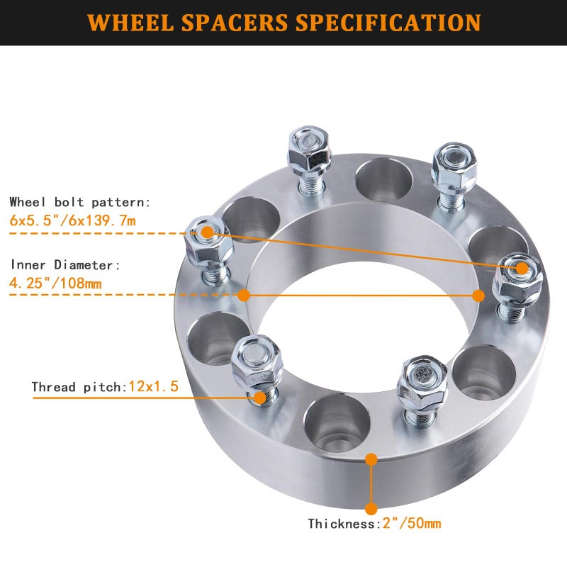 BRTEC 2in 6x5.5 Wheel Spacers, 2pcs 6x139.7 M12x1.5 Studs 108mm Center Bore Spacerï¼ŒCompatible for 2005-2015 Toyota Tacoma 4WD/ 88-09 4-Runner, for 96-97 Lexus LX450/ 03-09 GX470 - Image 3
